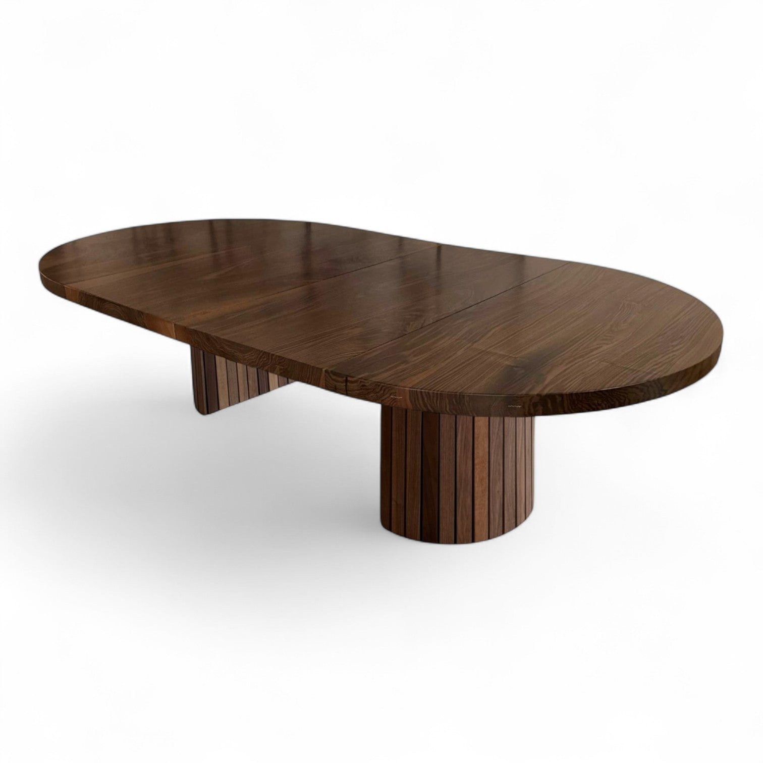 Rundt plankebord m. valnød sokkelfod + (0-2 tillægsplader)