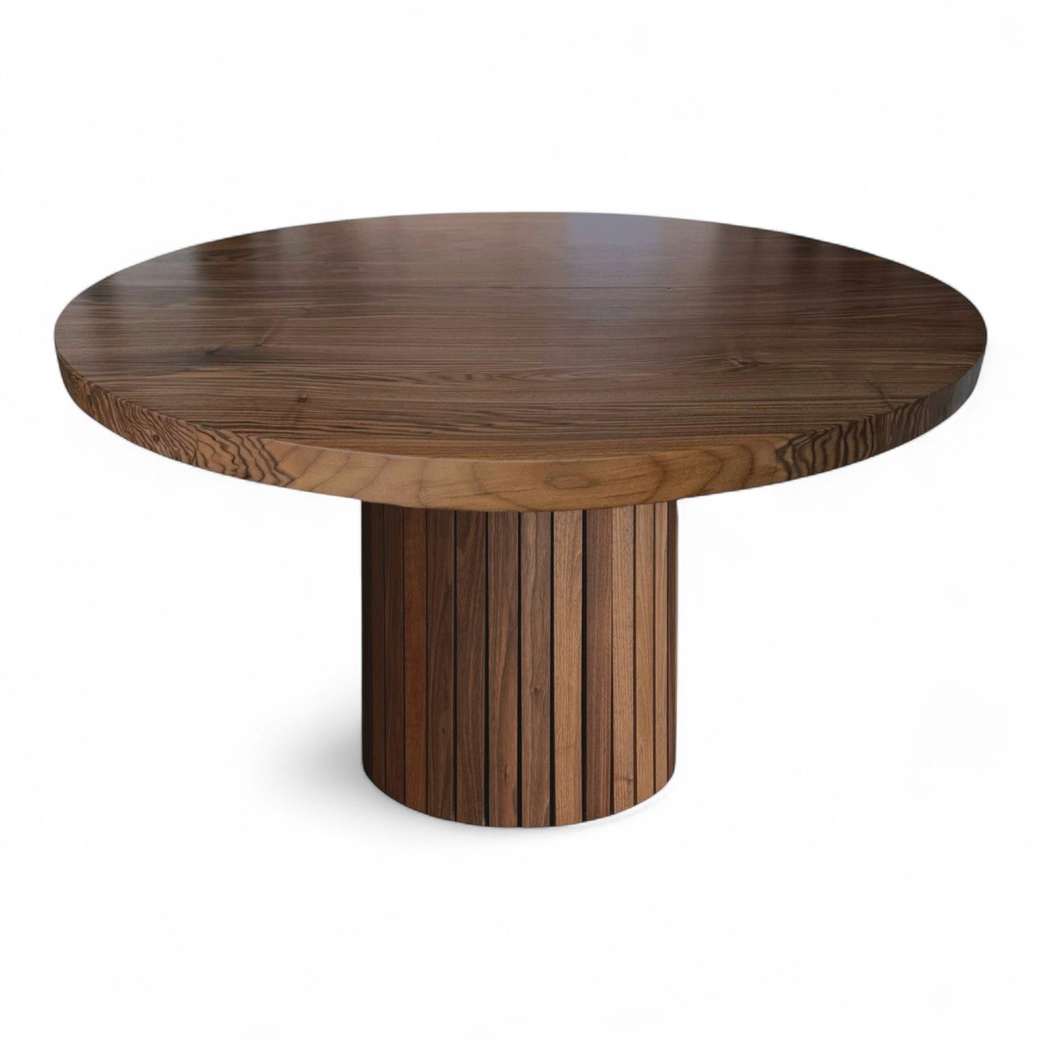 Rundt plankebord m. valnød sokkelfod + (0-2 tillægsplader)